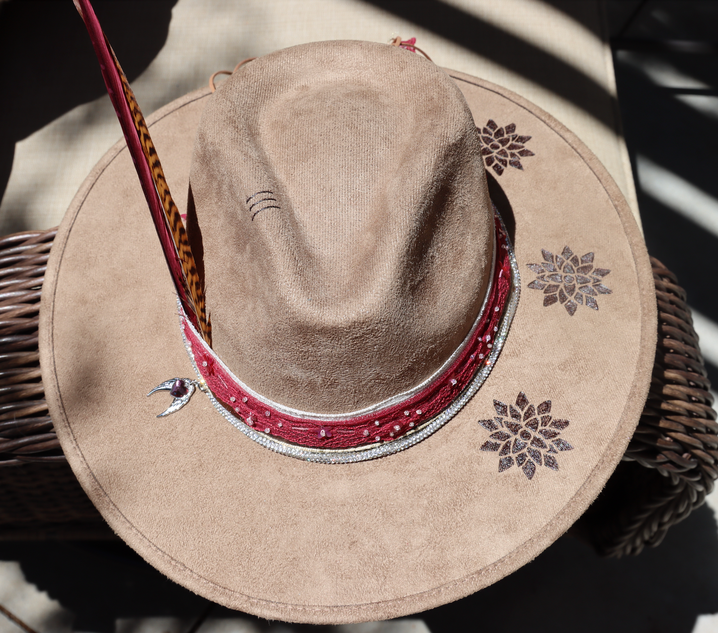 Angel wing Hat, Burned Hat, Sacred Geometry Fedora, Womens Hat, Wide Brim Felt Fedora, Vegan Suede Boho Hat