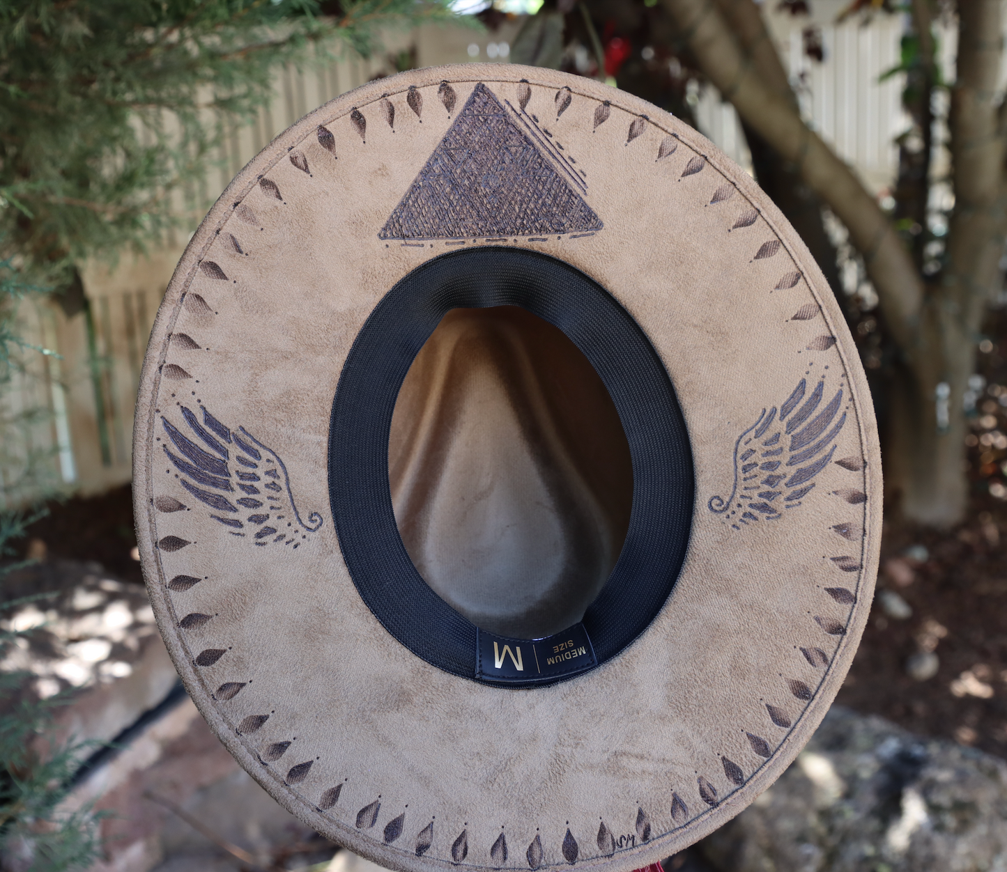 Angel wing Hat, Burned Hat, Sacred Geometry Fedora, Womens Hat, Wide Brim Felt Fedora, Vegan Suede Boho Hat