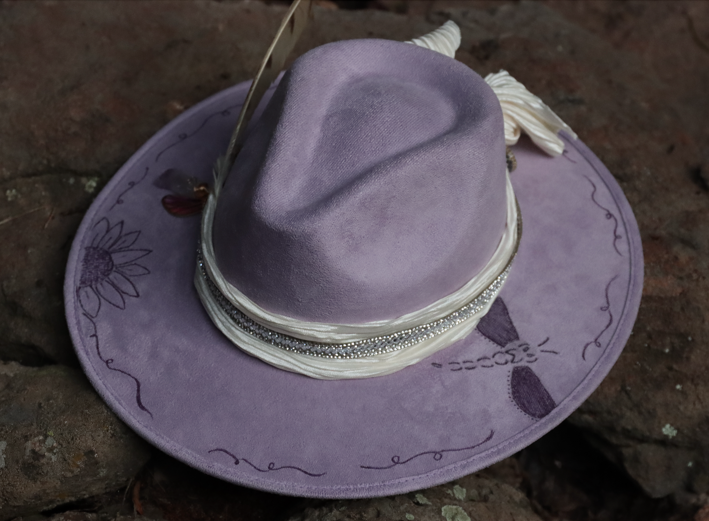 Lavender Dragonfly Fedora | Sunflower | Amethyst | Hand Burned | Vegan Suede Hat for Women