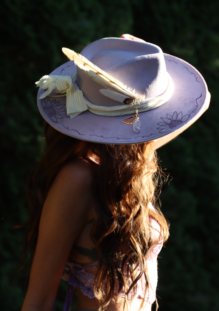 Lavender Dragonfly Fedora | Sunflower | Amethyst | Hand Burned | Vegan Suede Hat for Women