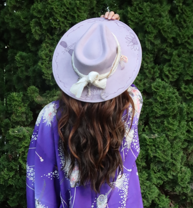 Lavender Dragonfly Fedora | Sunflower | Amethyst | Hand Burned | Vegan Suede Hat for Women