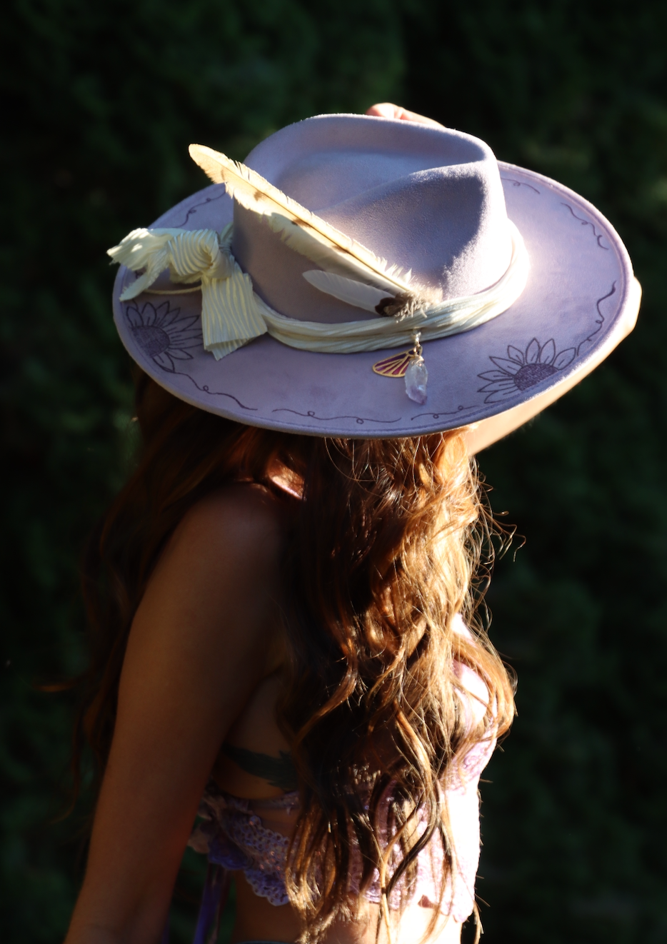 Lavender Dragonfly Fedora | Sunflower | Amethyst  | Hand Burned | Vegan Suede Hat for Women