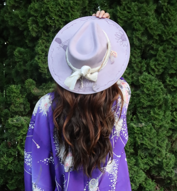 Lavender Dragonfly Fedora | Sunflower | Amethyst  | Hand Burned | Vegan Suede Hat for Women